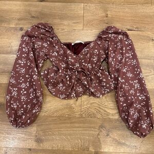 Altar’d State Women’s Brown Floral Crop Top Long Sleeve Peasant Milkmaid Sz XS